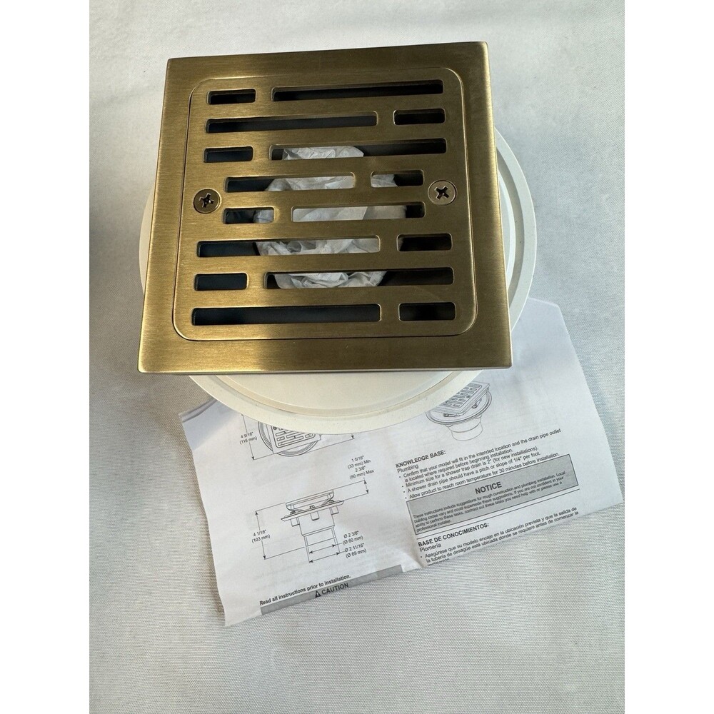 4" Square Tile-In Shower Drain Brushed Brass Gold Grate Flange DT062412 New